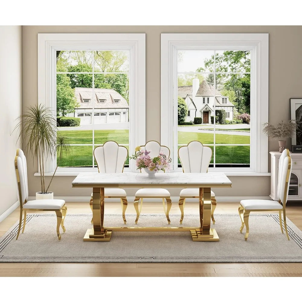 Modern Dining Chair Set of 4, Retro Luxury Leather Dining Room Chairs, Upholstered White Dining Chairs with Gold, Customized