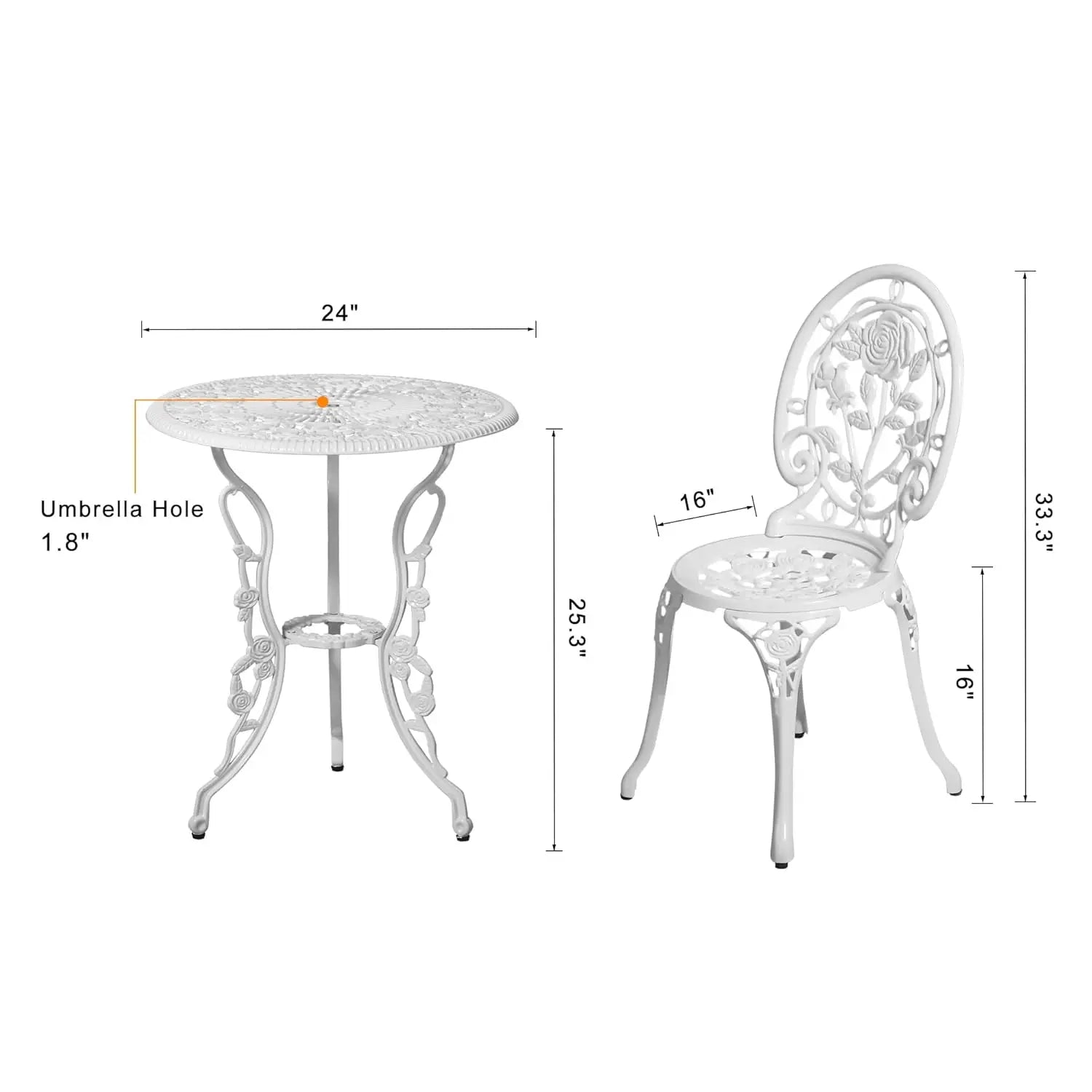 3pc Cast Aluminum Bistro Set, Rose Pattern Outdoor Garden Balcony, Rust & All-Weather Resistant, White, Customized