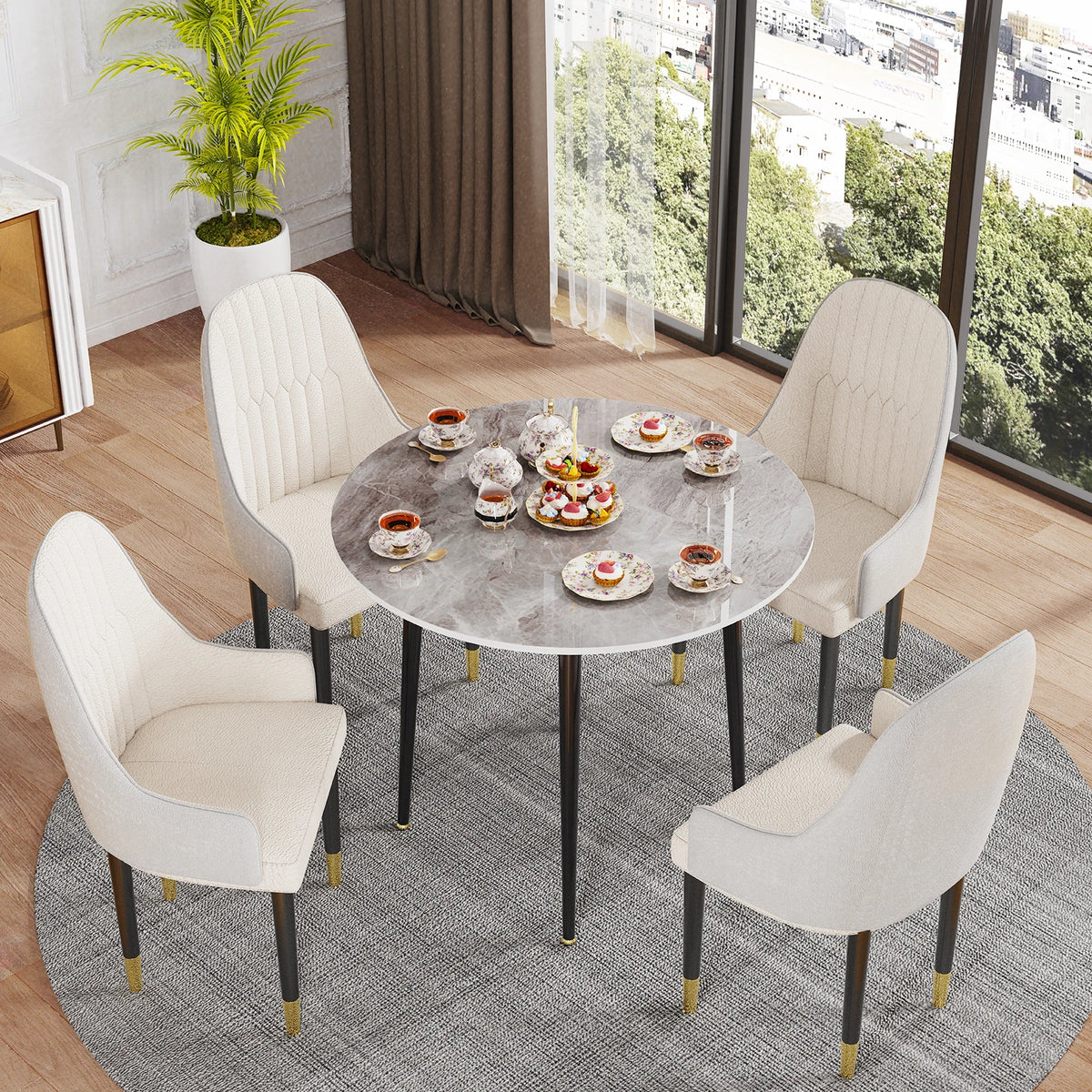 32" Sintered Stone Dining Table Round Reception Coffee Table for 2-4 Person - Small Kitchen Table with Black Metal Legs