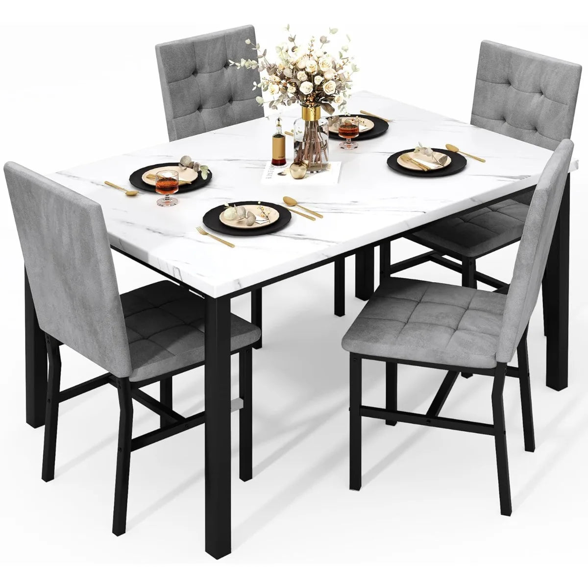 Dining Table Set For 4,Faux Marble Kitchen Table And Chairs Of 4, Modern Dining Room For 4,Dinner Table With Ve