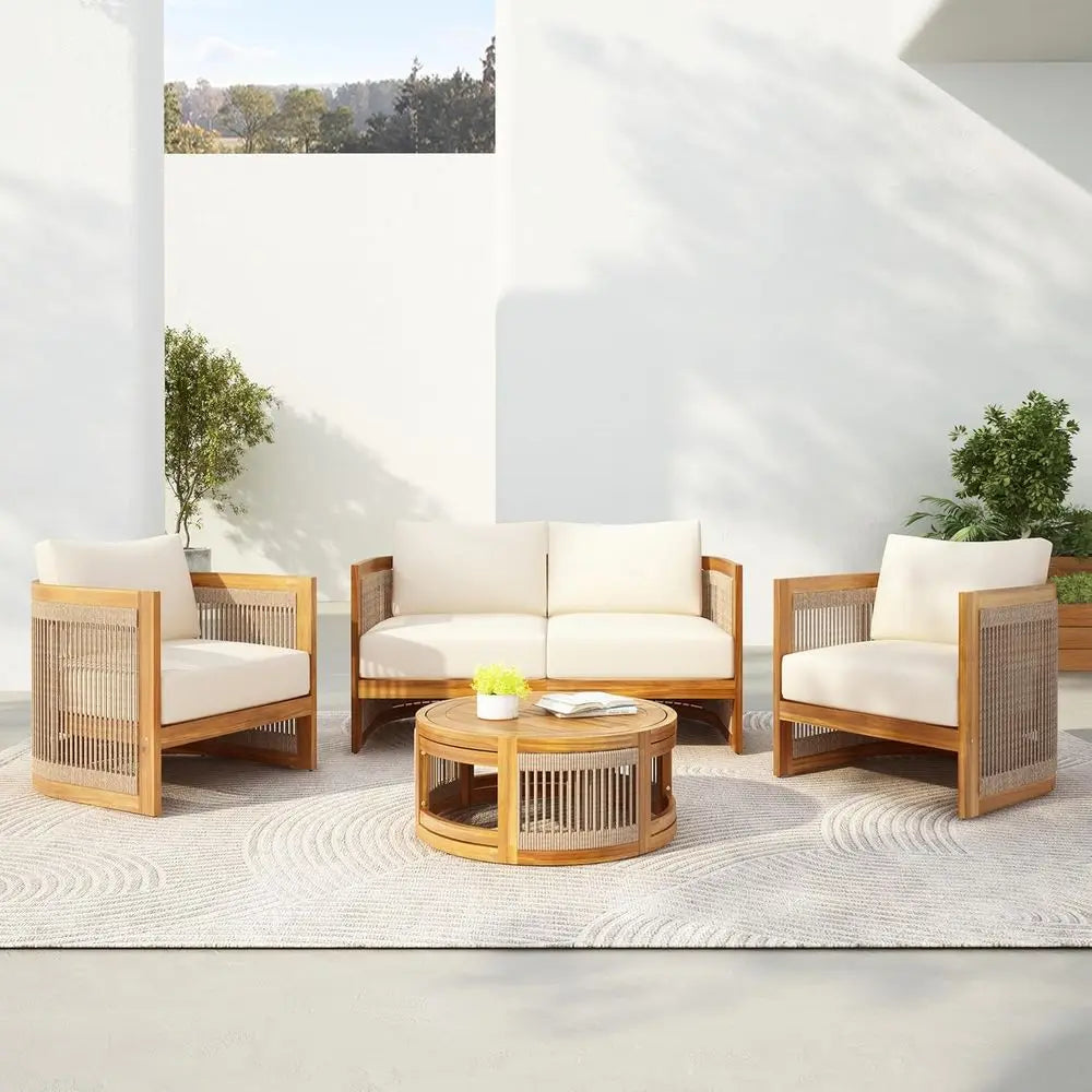 4-Piece Patio Contion Set, All Weather Sectional Soa Set w/ 2 Chairs, Loveseat & Table Premium, Acacia Wood Outdoor urniture Set