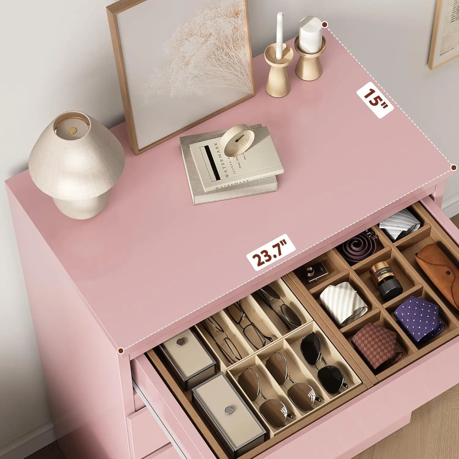 Pink 5 Drawer Dresser for Bedroom, 15" D x 23.7" W x 40.4" H in Modern Chest of Drawers, Wood Storage Dresser with Handleless