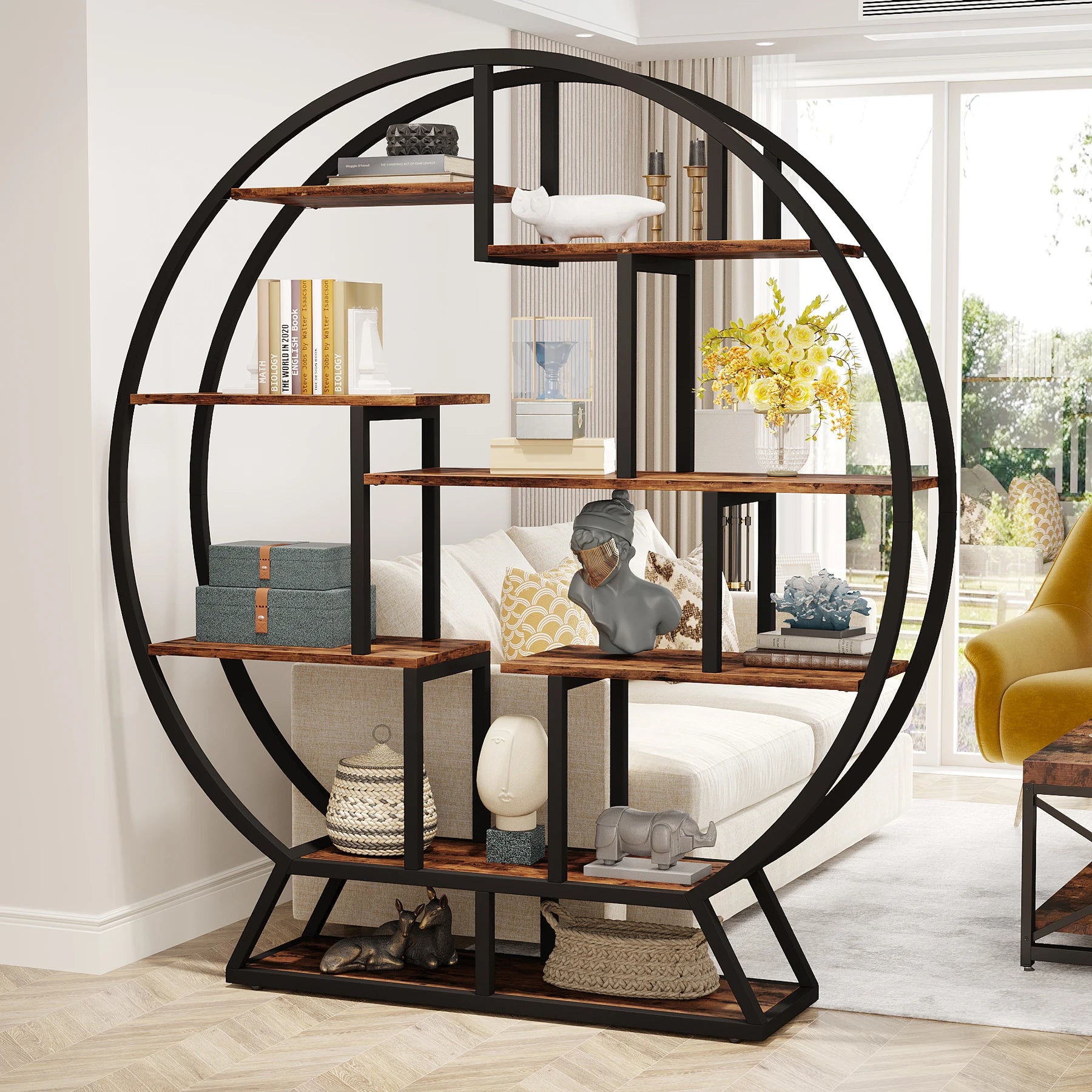 Tribesigns Round Etagere Bookshelf With Staggered Shelves Industrial Iron