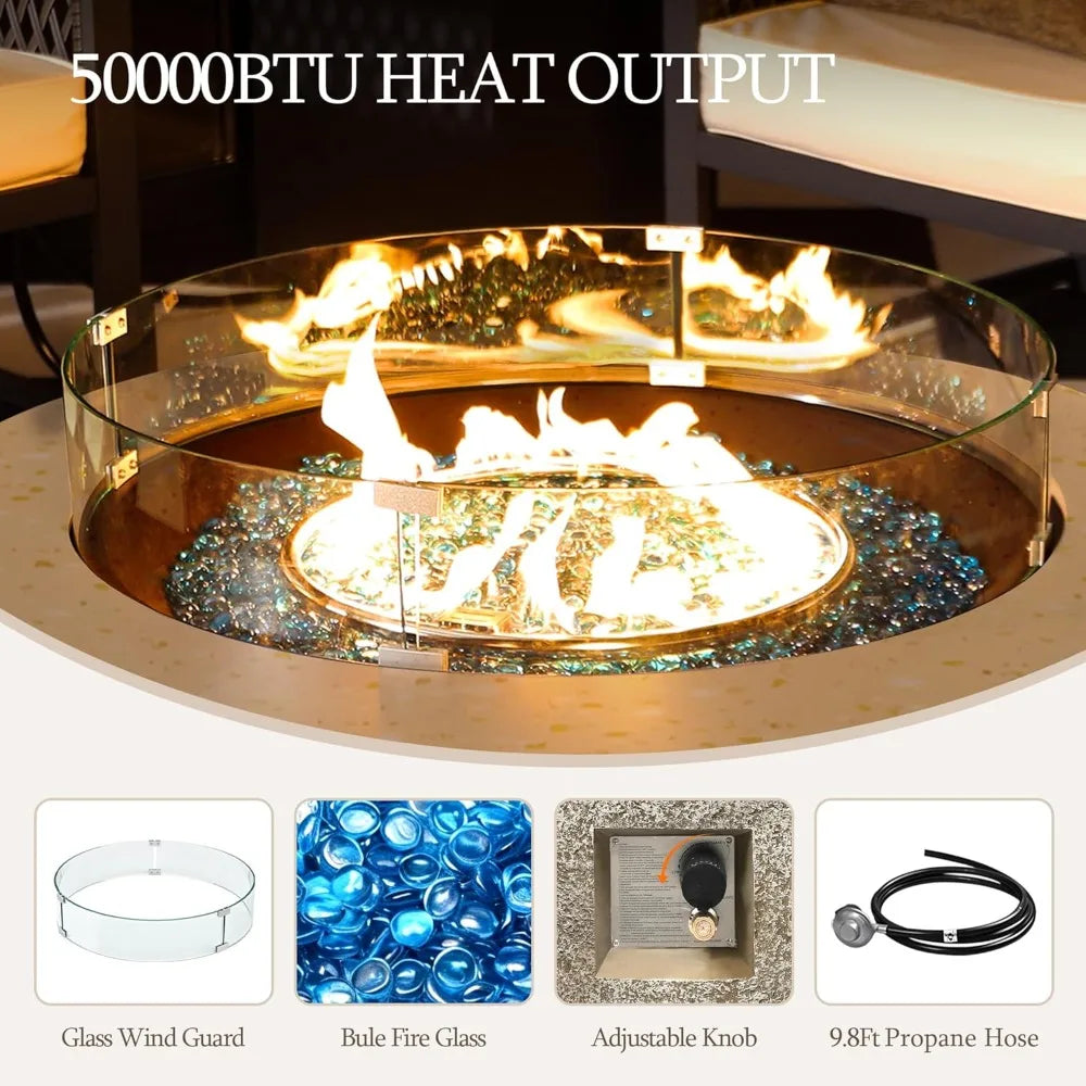 42-inch Outdoor Propane Gas Fire Pit Table 50000 BTU Concrete Round FirePit for Outside Patio with Propane Tank Cover, Wind Guad