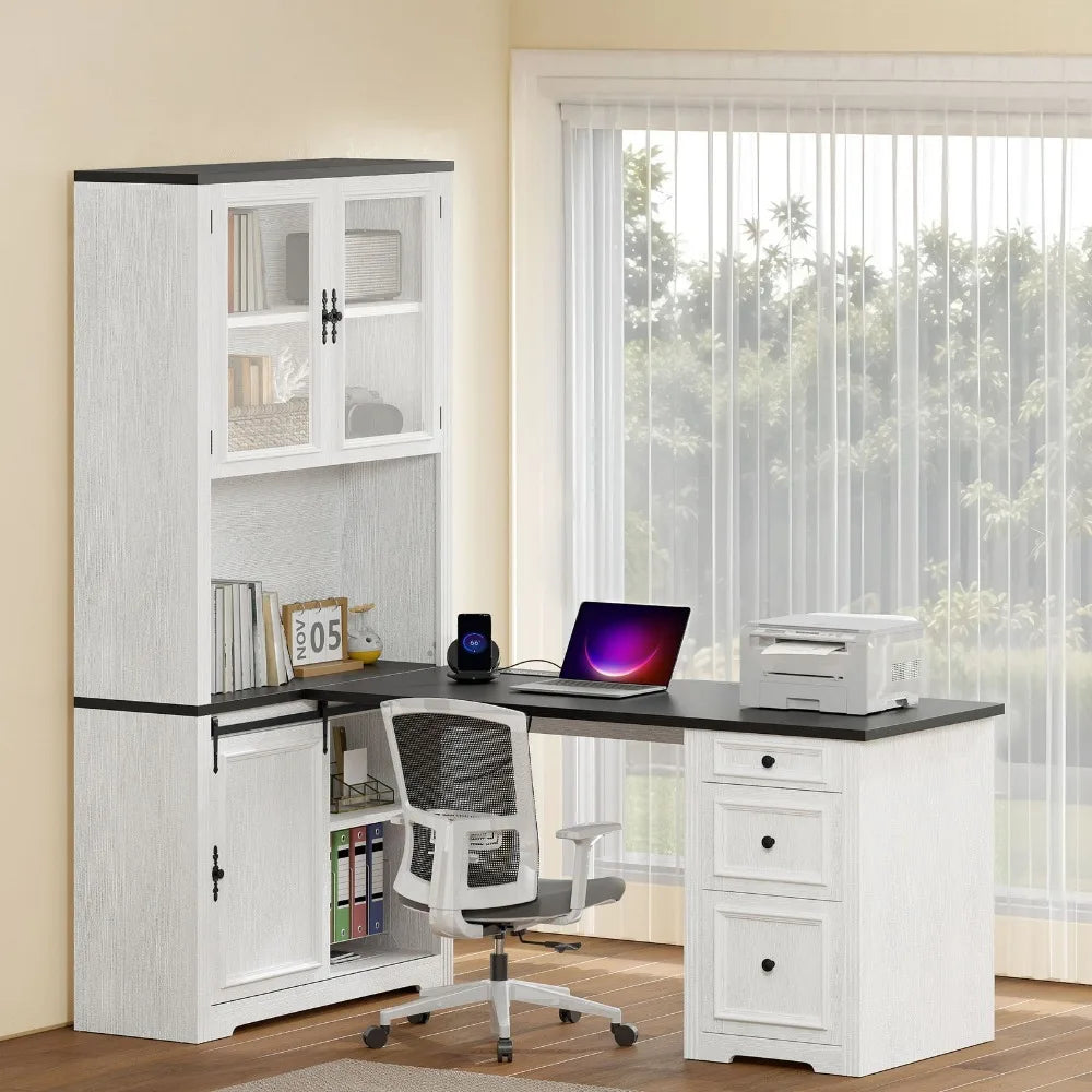 L Shaped Executive Desk With Hutch And Drawers Power Outlet