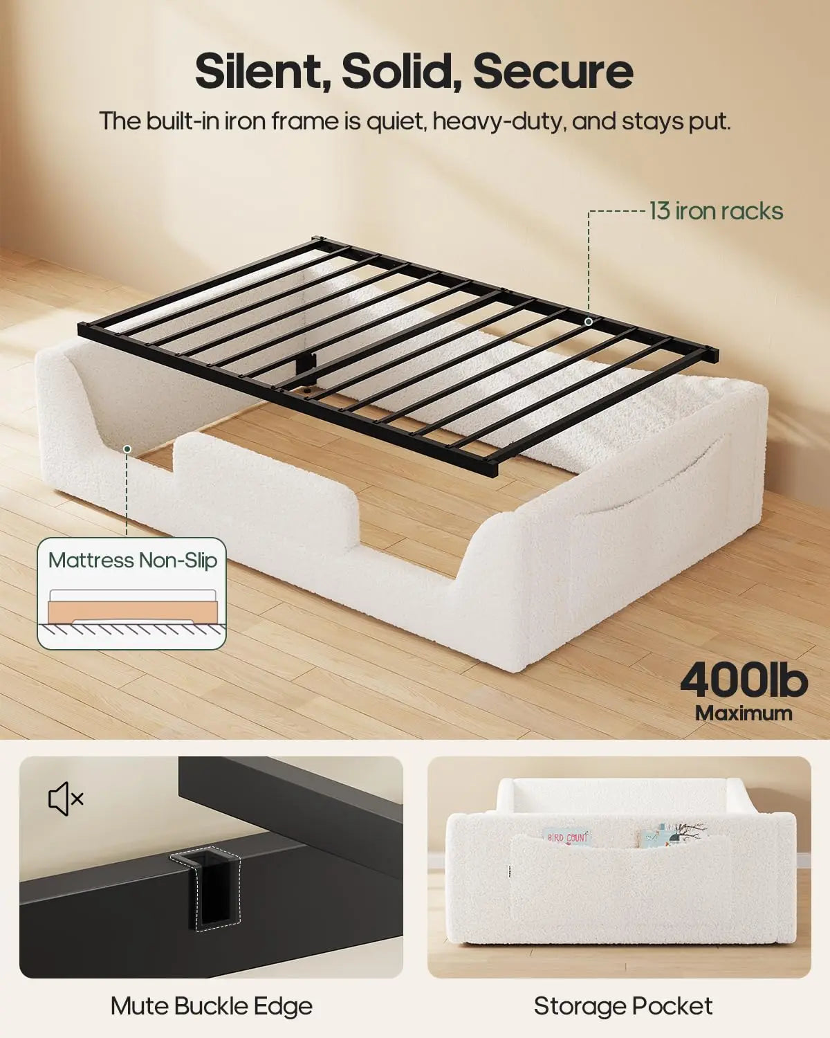 Twin Low Floor Bed Teddy Upholstered Curved Slats High Rails Kids No Box Spring Beige,Customized