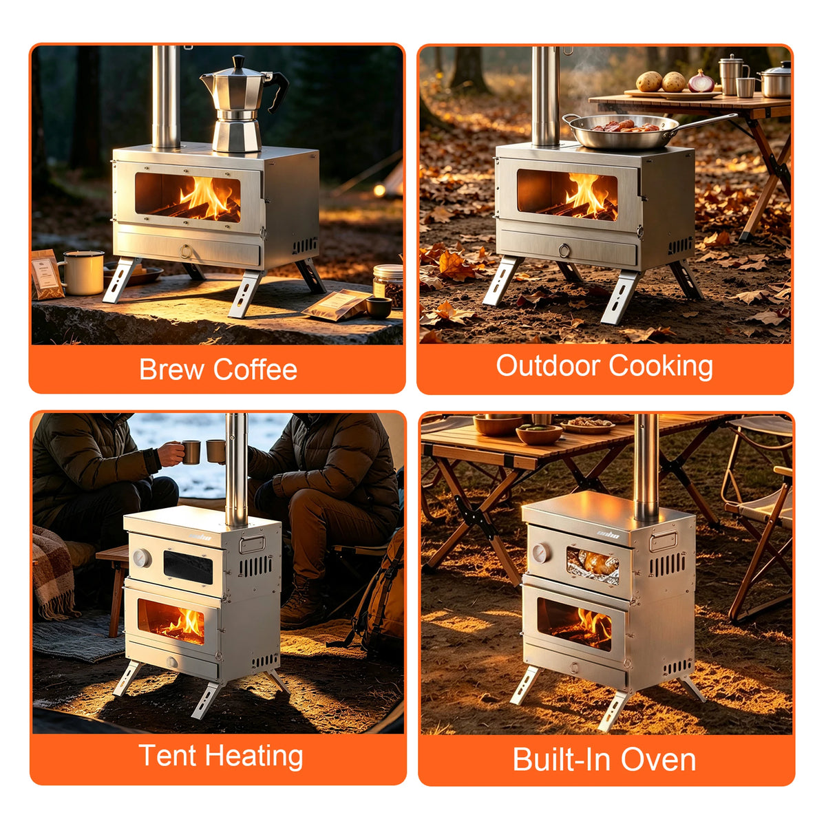 Unho Portable Wood Burning Camping Stove with Oven and Chimney