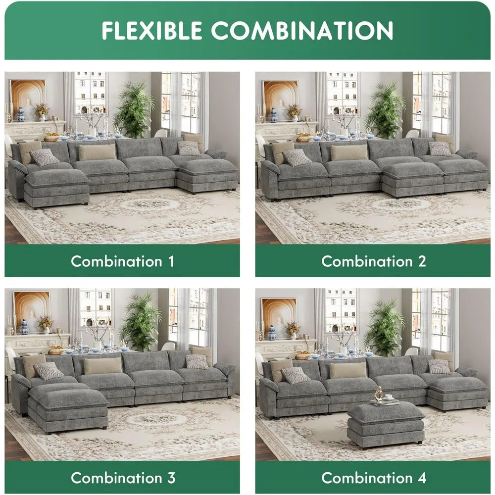 Sectional Modular Sofa U Shaped Chenille Fabric Couch with High Supportive & Soft Sponges and Removable Ottoman, Sleeper Comfy