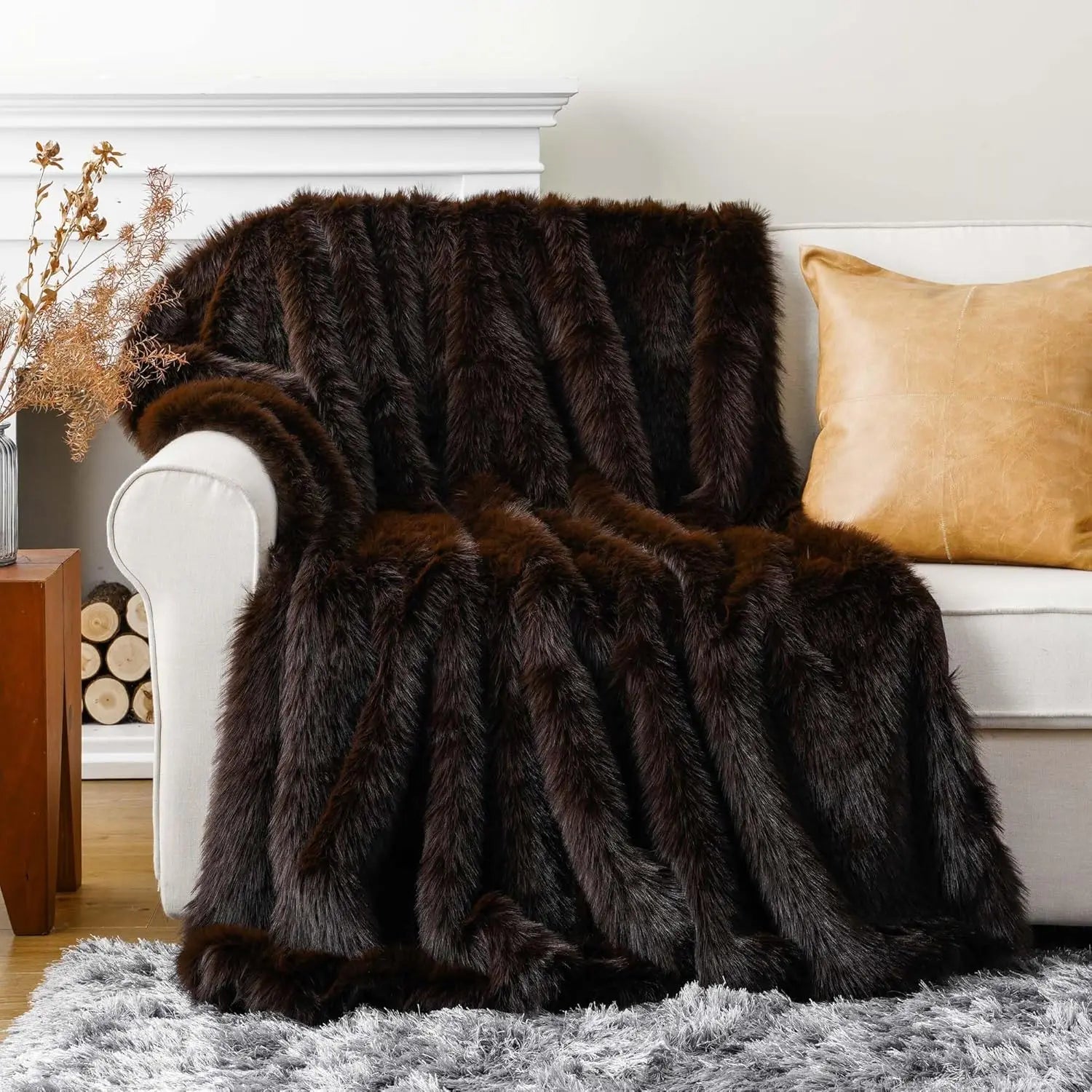 Luxury Brown Faux Fur Throw Blanket, Large Soft Warm Cozy Fuzzy Fluffy for Bed Home Decor King Size 60x80