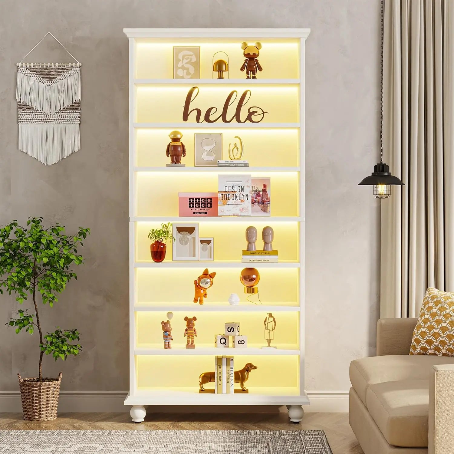 Bookcase with LED Lighting,Freestanding Bookshelf with Solid Wood Legs,Open Display Shelf Organizer for Living Room, Home Office