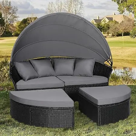DAFIFY Outdoor Patio Daybed With Retractable Canopy Wicker Rattan Set