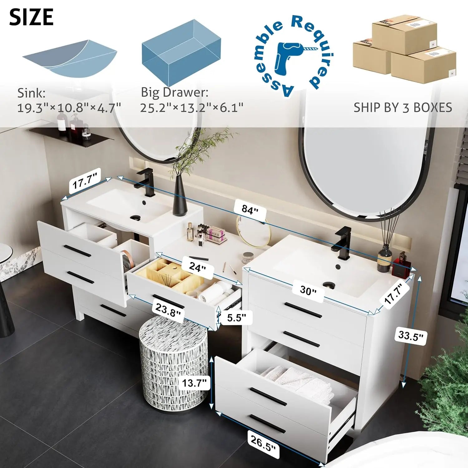 84" Modern Bathroom Vanity Sink Combo with 24" Makeup Desk 30" Dual Basins Faucets Drains White Customized