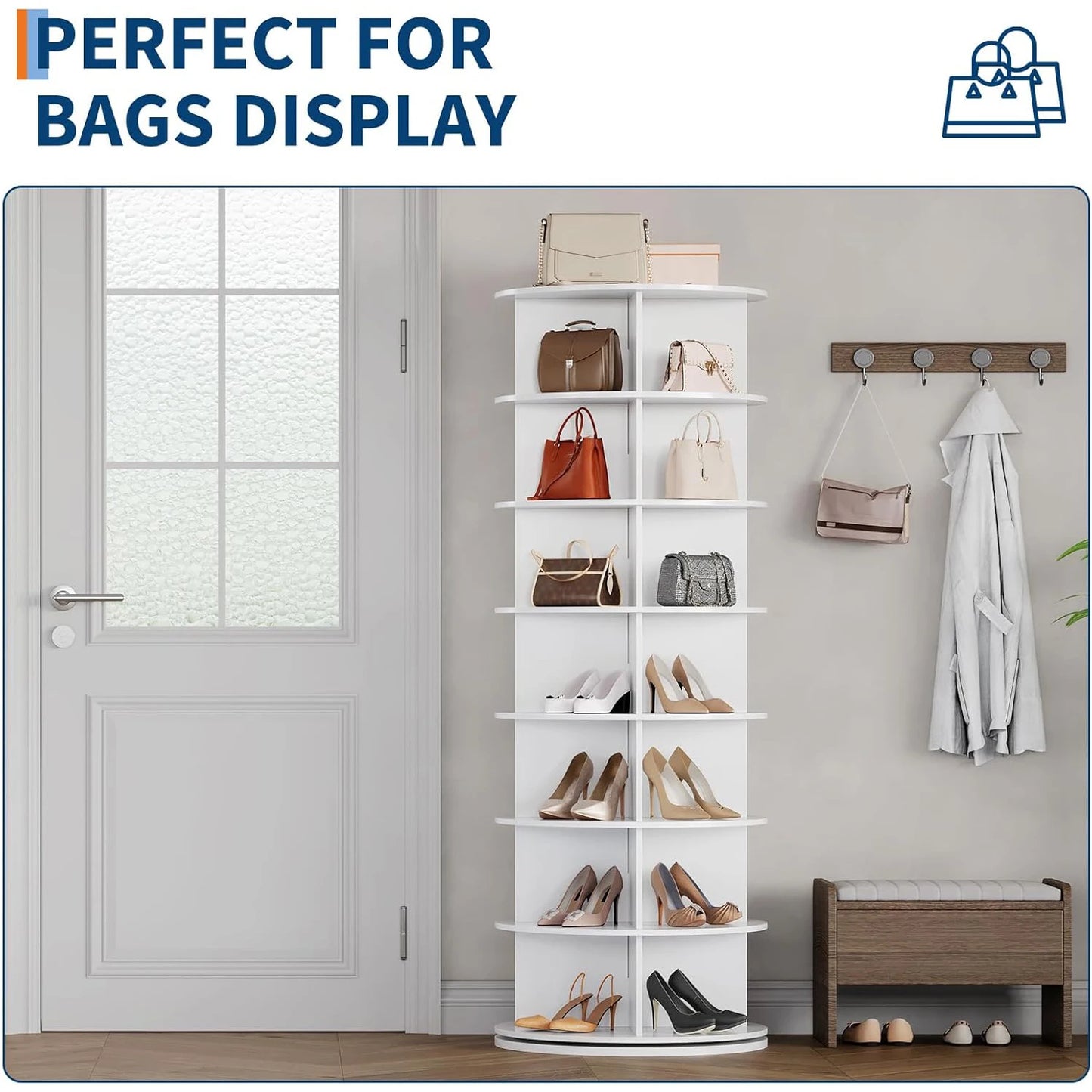 7 Tier Rotating Shoe Rack Tower, Free Standing Spinning Shoes Organizer, 360°Revolving Vertical Spinning Shoe Display