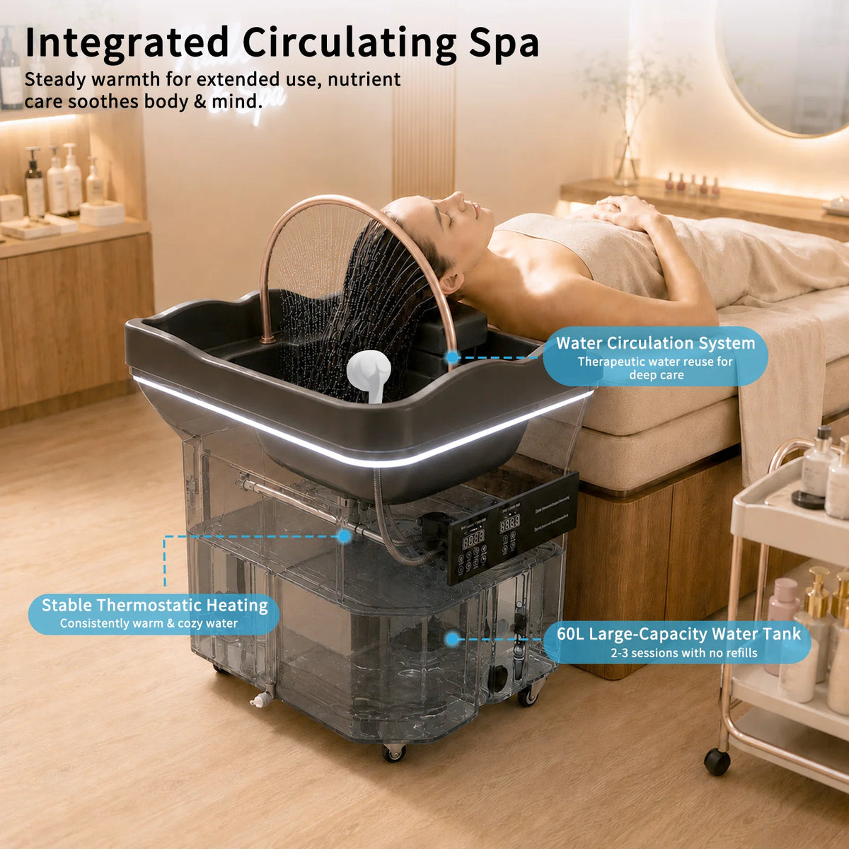 Head Spa Shampoo Basin With Heated Water Cycle Massage Bed