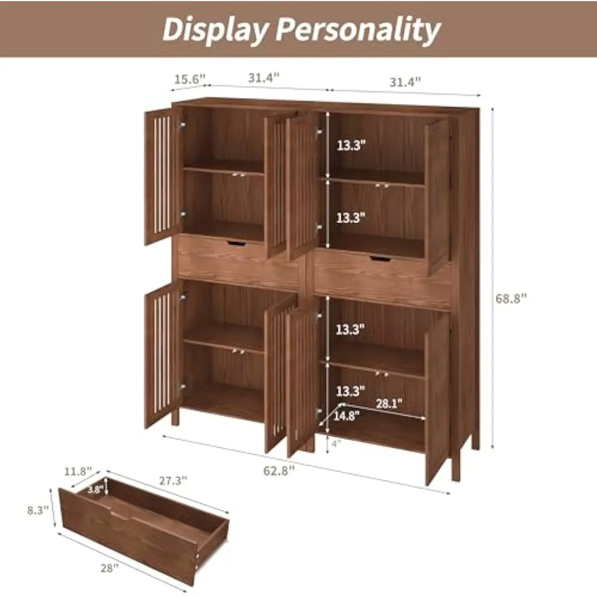 Set of 2 Warm Brown Farmhouse Storage Units – 68.8 Inch Tall with Grille-Front Doors, Adjustable Shelves, Deep Drawer, Elevated