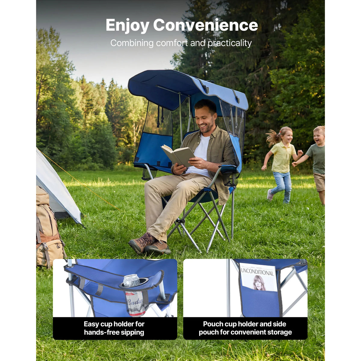 SucceBuy Camping Chair With Canopy Shade And Cup Holders