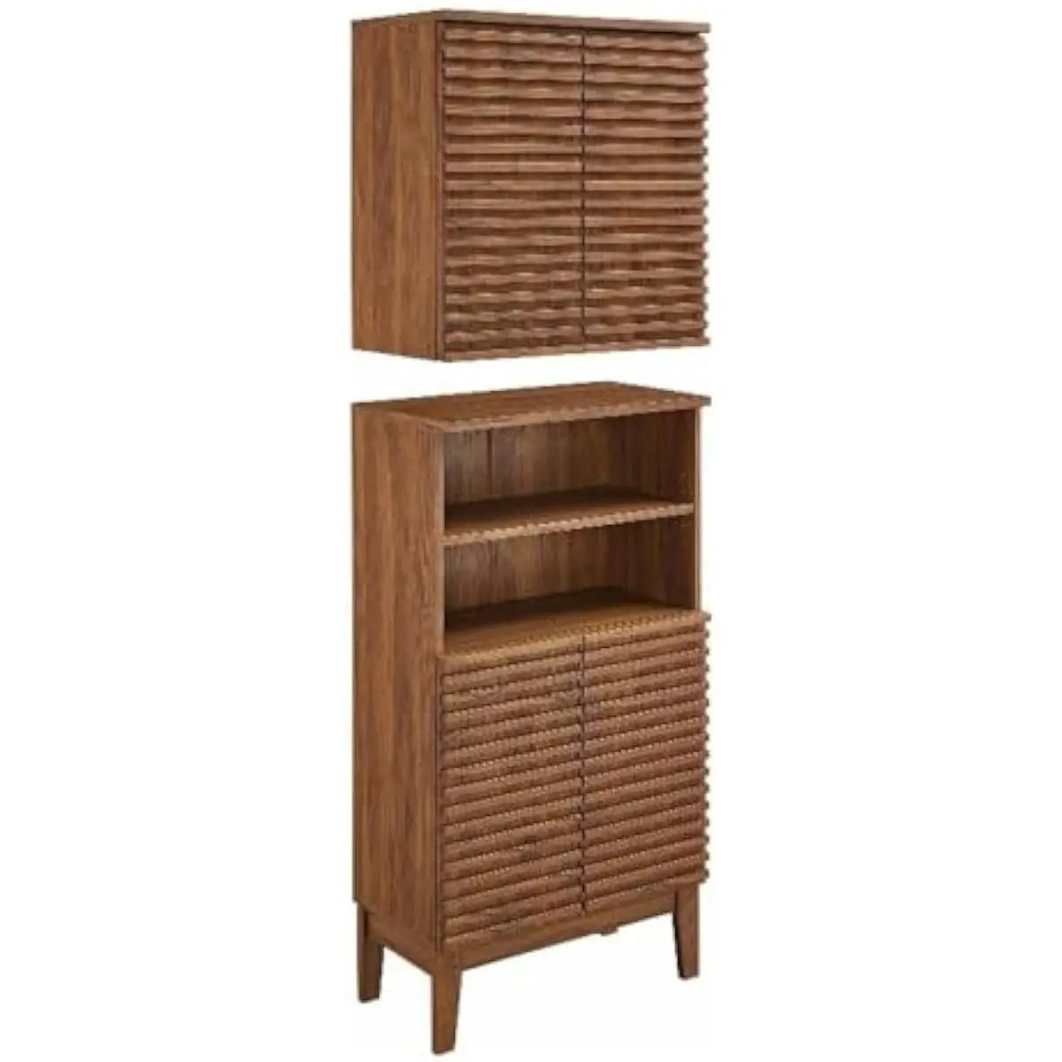 Render Oak Bathroom Cabinet Set – Freestanding Linen Unit + Wall-Mounted Storage Unit with Slatted Front Panels, Adjustable Inte