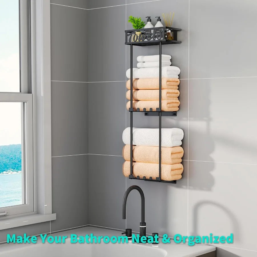 Towel Rack Bathroom Storage - 3 Tier Over The Door & Wall Mounted Rolled Towel Racks Holder Organizer With Metal Shelf An