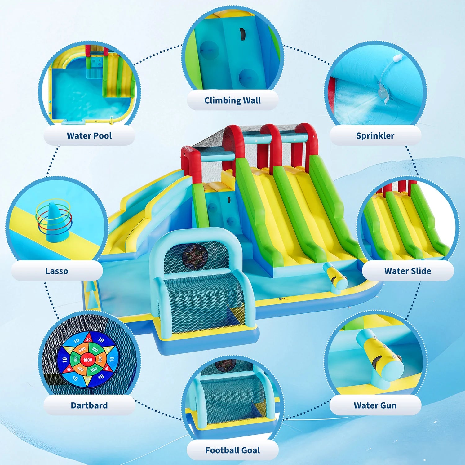 Indoor Outdoor Inflatable Bounce Castle w/3 Water Slides, Oxford Bounce Play Center for Kids Kindergarten Backyard Water Sports