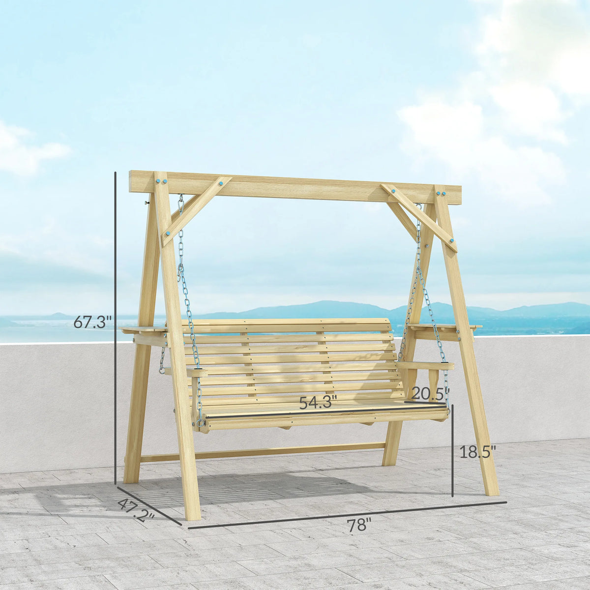 Outsunny 3-Seater Patio Swing with Stand and Side Table, Natural Wood