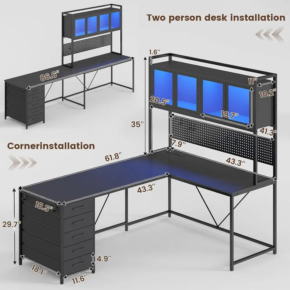 L Shaped Gaming Desk With Drawers Hutch Pegboard And Storage