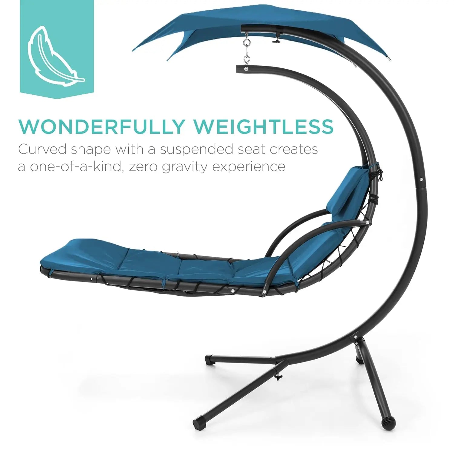 Outdoor Hanging Curved Steel Chaise Lounge Chair Swing w/Built-in Pillow and Removable Canopy - Peacock Blue, Customized