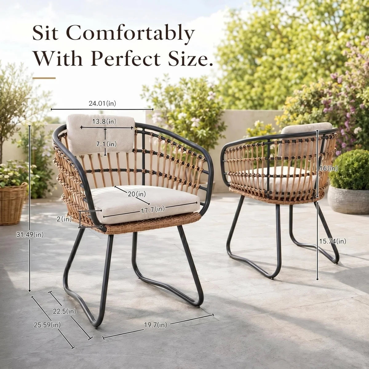 Outdoor Wicker Dining Chairs Set of 2, Patio Dining Chairs with Cushions, Rattan Dining Armchairs for Lawn, Garden, Poolside, Backyard, Porch, Beige RR