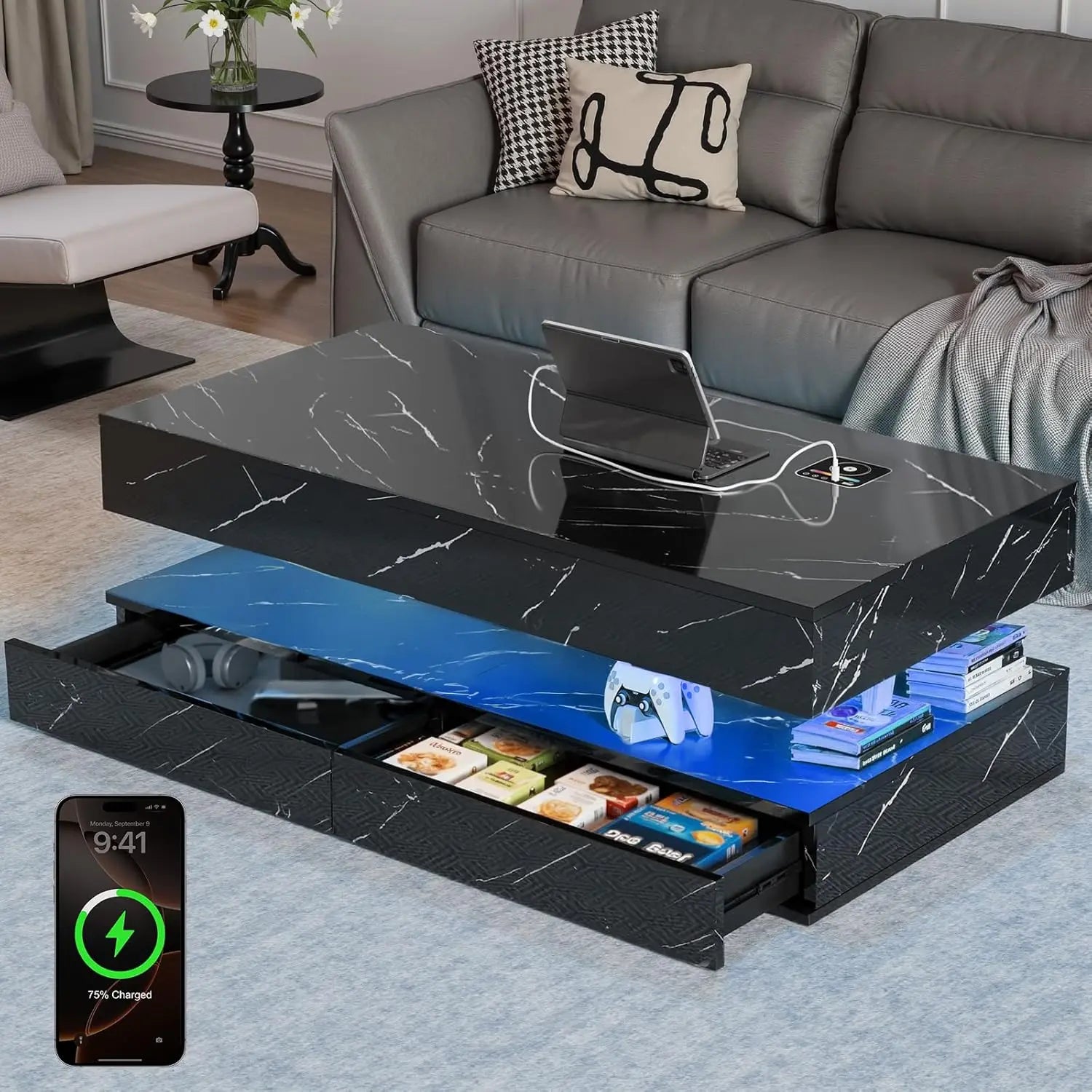 47.2" Coffee Tables with Storage Drawers,Smart Living Room Table with Wireless Charging & Bluetooth Speaker,Modern Center Tables