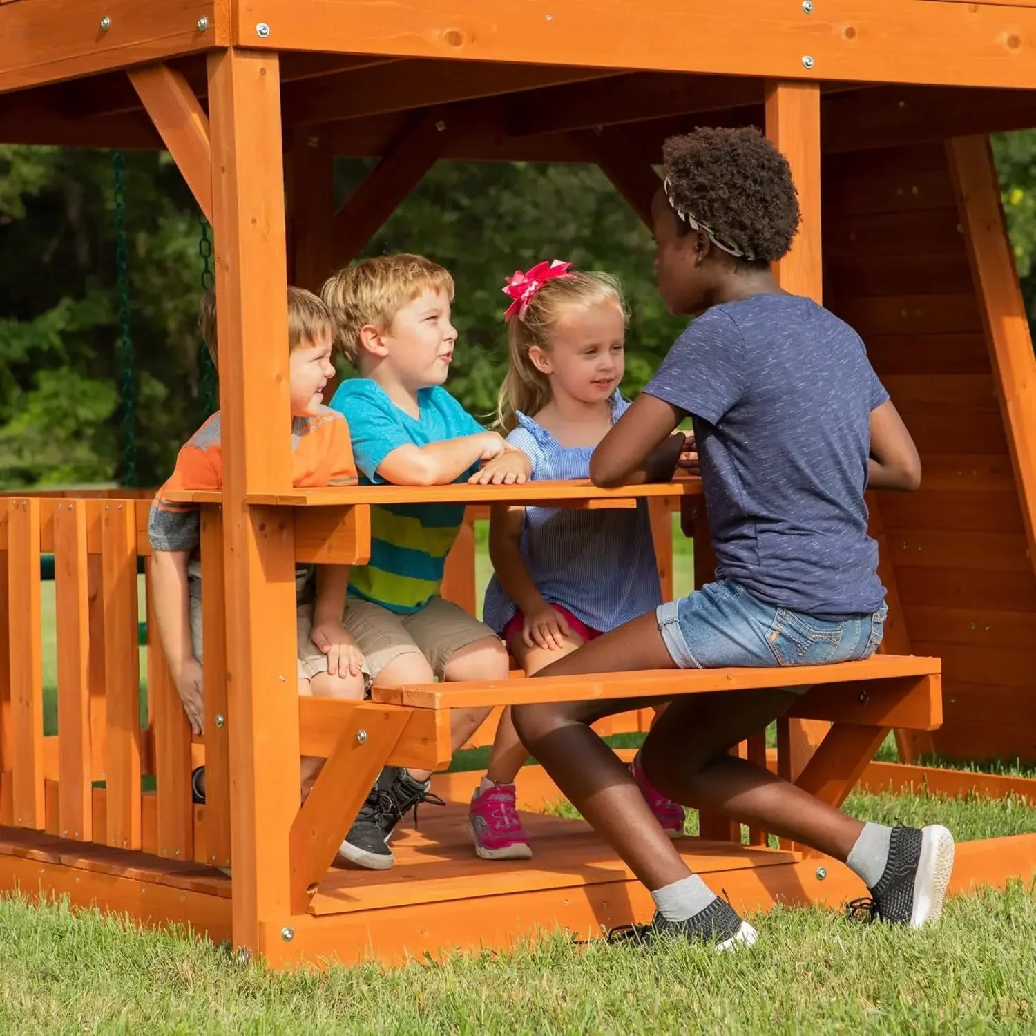 Hot SalesII Cedar Wood Swing Set with Wave Slide, Raised Clubhouse, Crow&