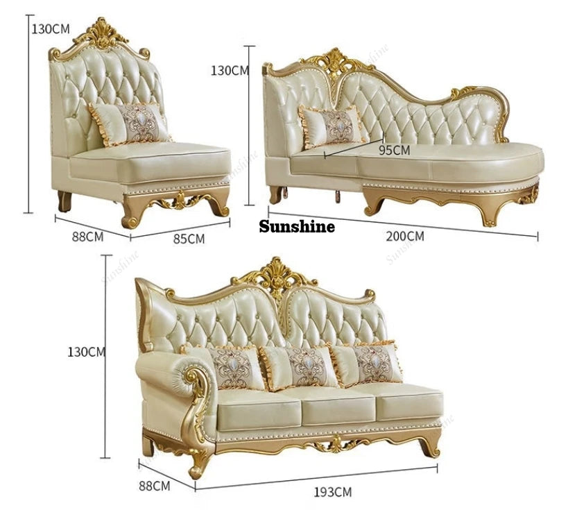 Luxury European Royal Wedding Living Room Sofa Set Solid Wood Genuine Leather L-Shaped Sofas Couch for Living Room