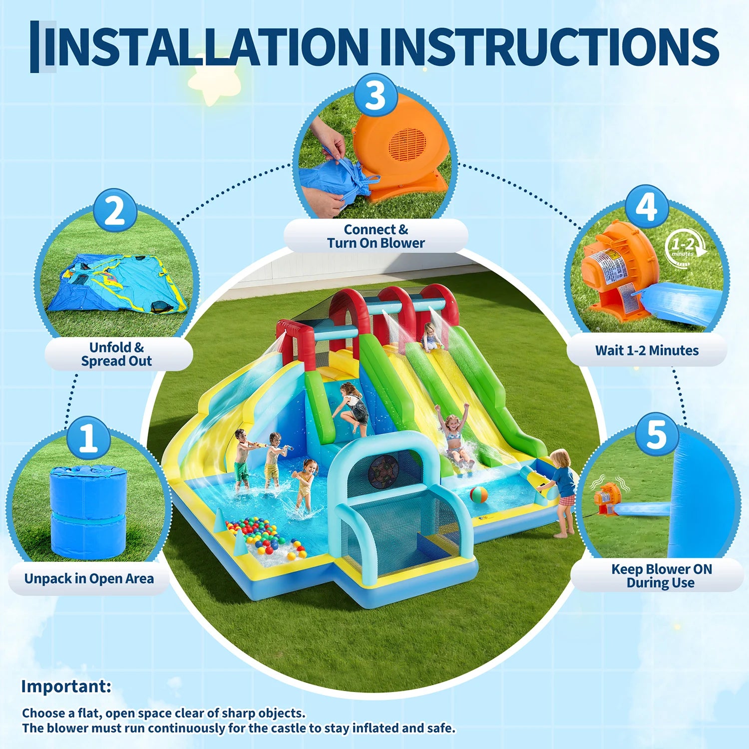 Indoor Outdoor Inflatable Bounce Castle w/3 Water Slides, Oxford Bounce Play Center for Kids Kindergarten Backyard Water Sports