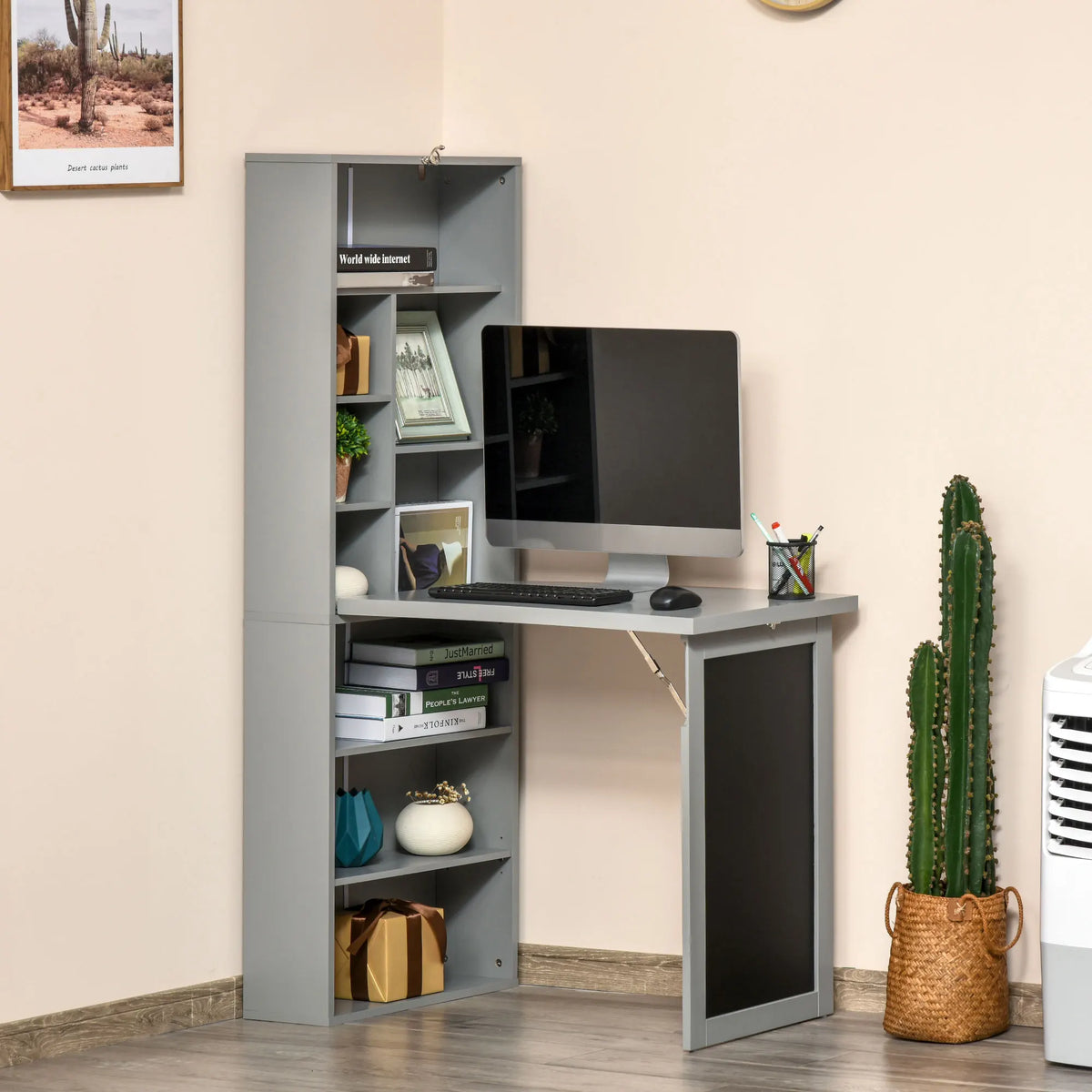 HOMCOM Convertible Wall Mount Office Desk With Blackboard And Side Shelf