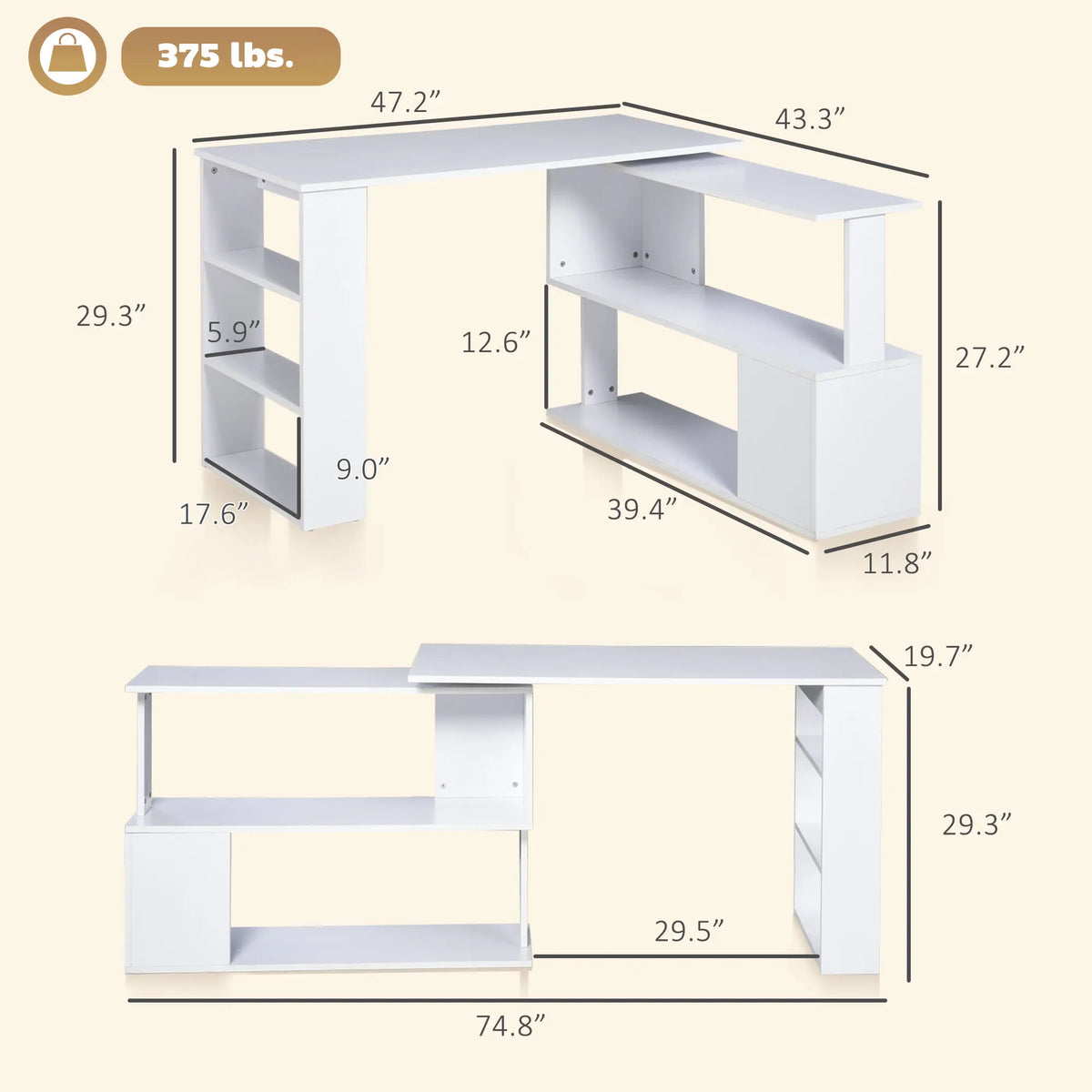 HOMCOM L Shaped Rotating Computer Desk with Storage Shelves