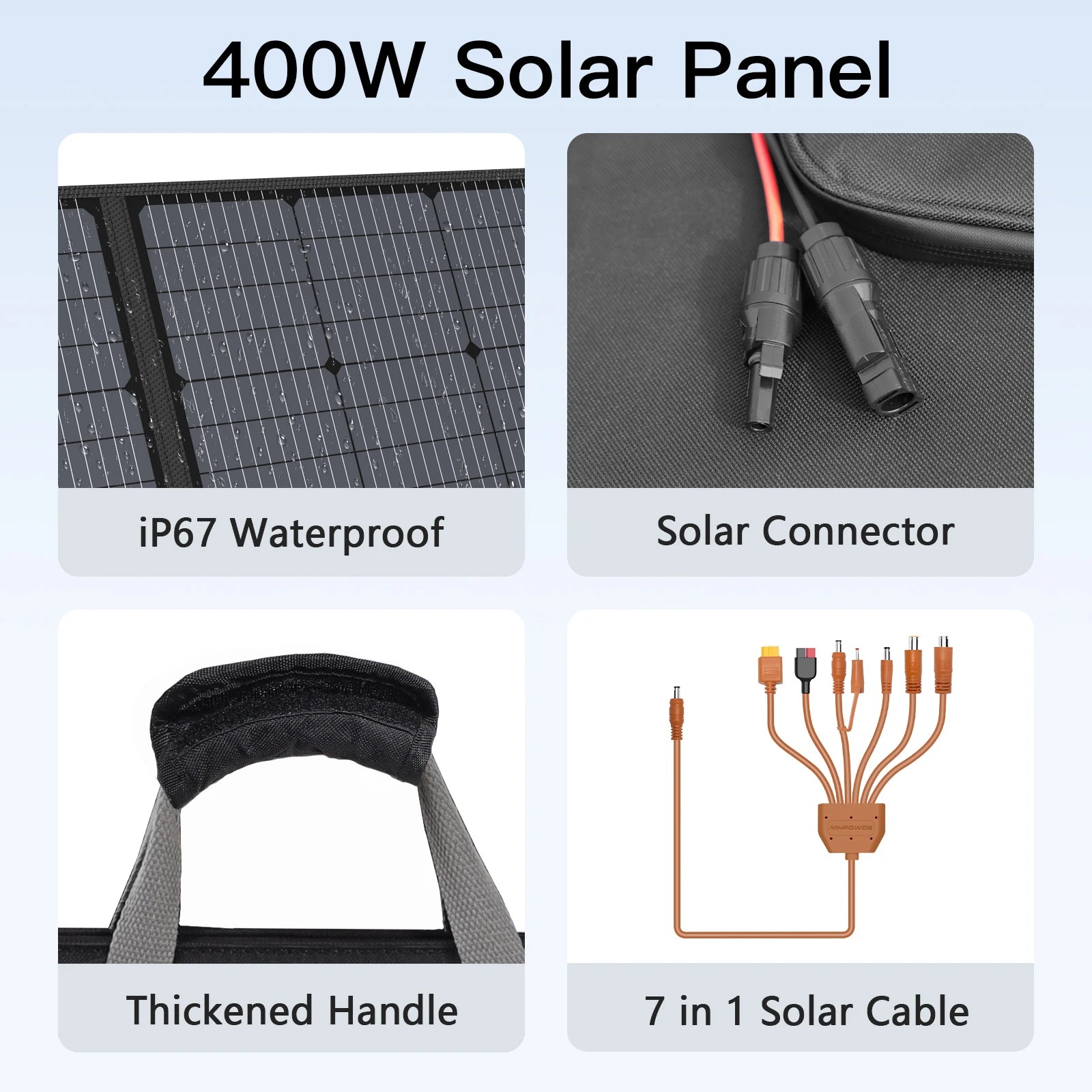 MHPOWOS 400W Portable Solar Panel 31 V Foldable Solar Panels Charger with 7 in 1 Solar Cable for Camping , Outdoor, Powerstation