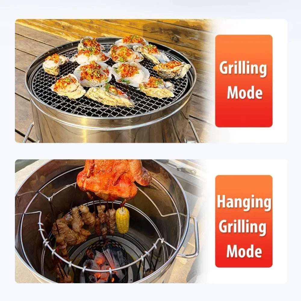 Large Portable Smokeless Charcoal Grill - 360° Stainless Steel BBQ Barrel with 50 Skewers, for Camping,Picnics&Backyard Cooking