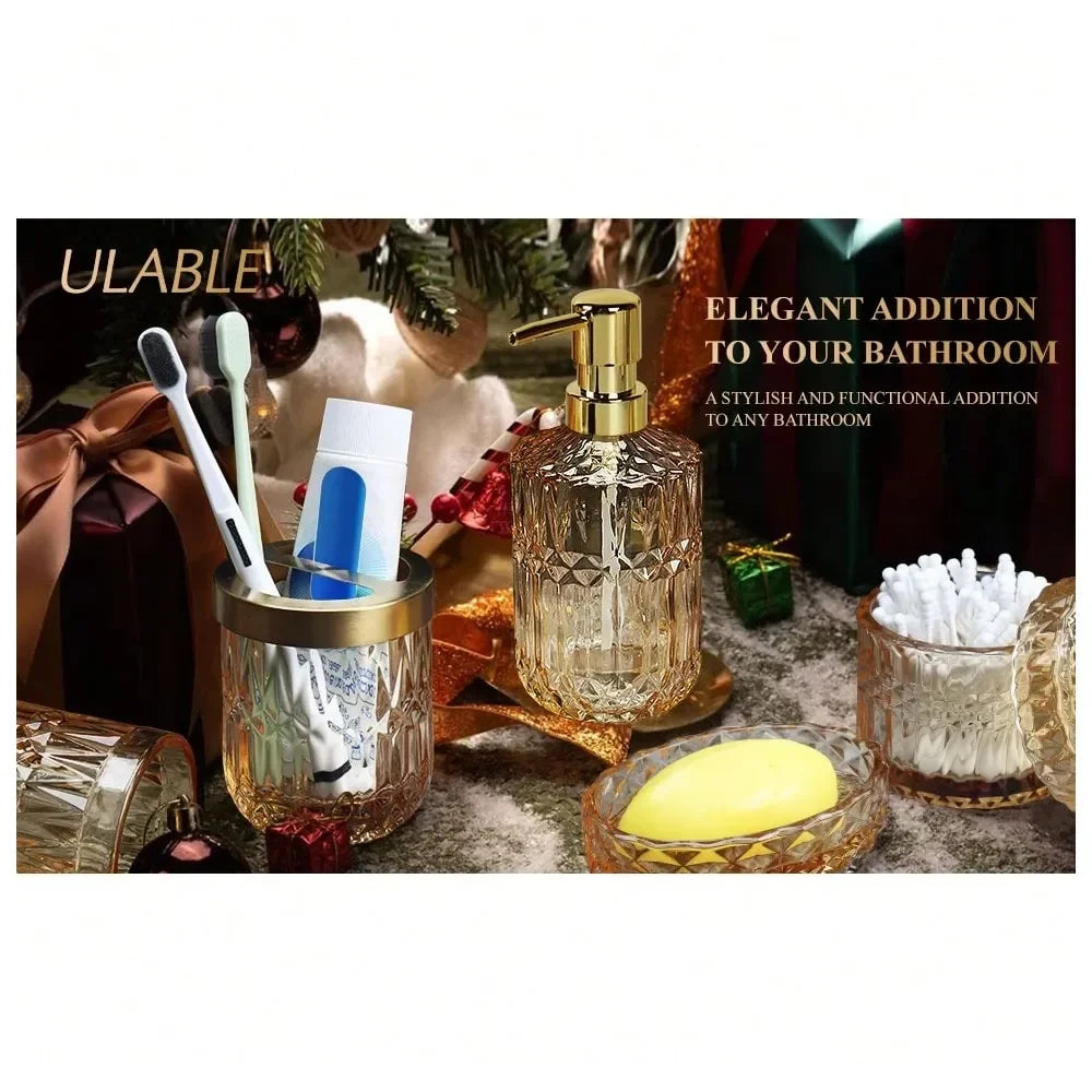 Bathroom Accessories OrganizerBathroom Accessories Set, 5 Pcs Glass Bathroom Accessories With Lotion Soap Dispenser, Soap Dish,