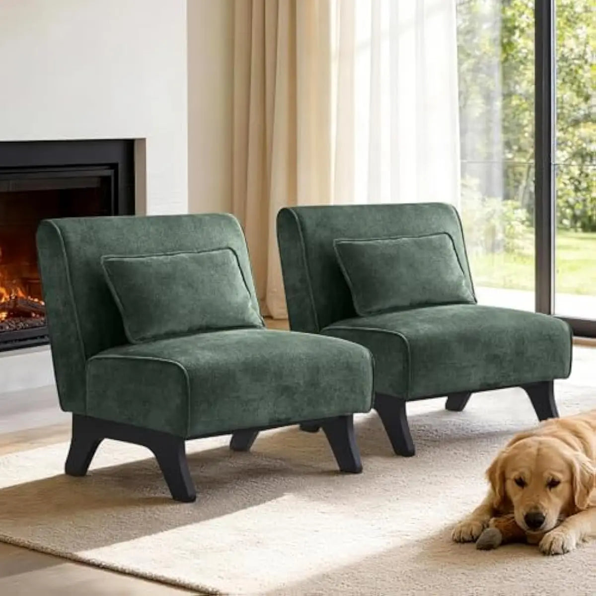 Upholstered armless lounge chairs set of two – wood frame construction with high-density foam cushioning and integrated back pil