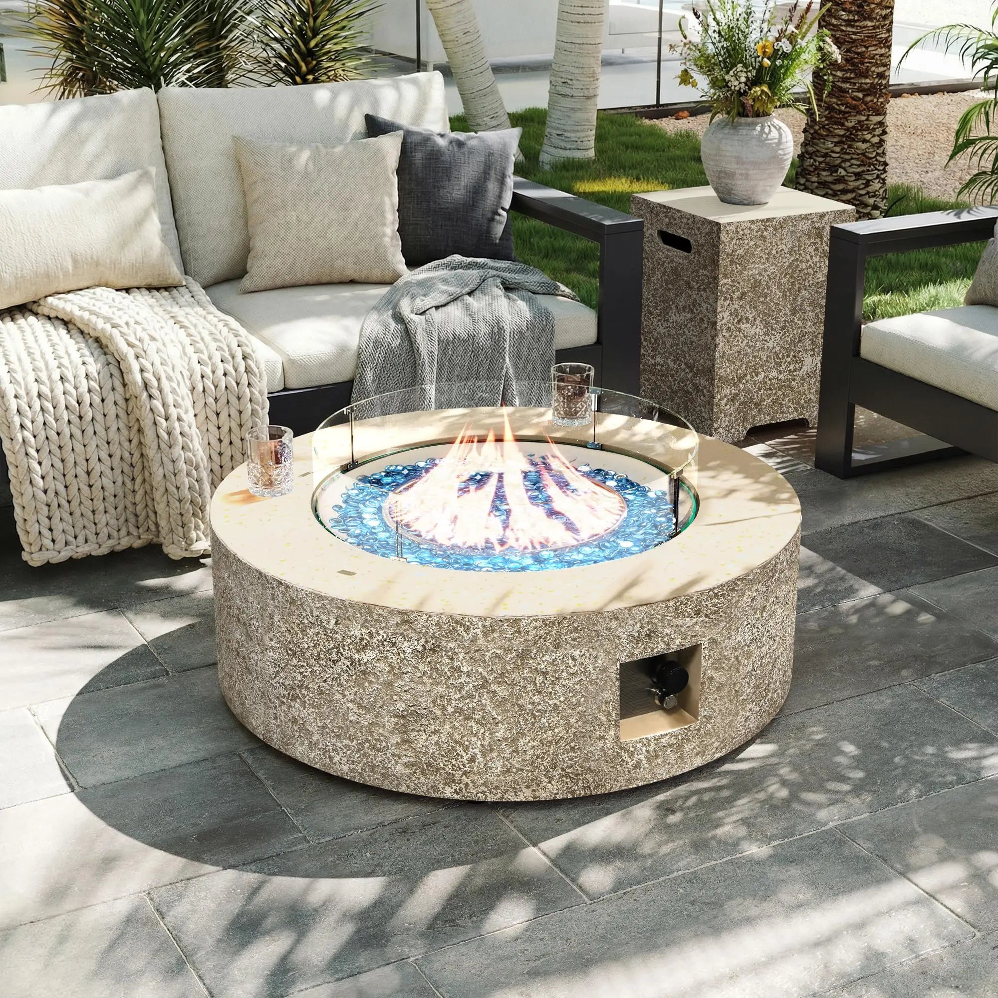 42-inch Outdoor Propane Gas Fire Pit Table 50000 BTU Concrete Round FirePit for Outside Patio with Propane Tank Cover, Wind Guad
