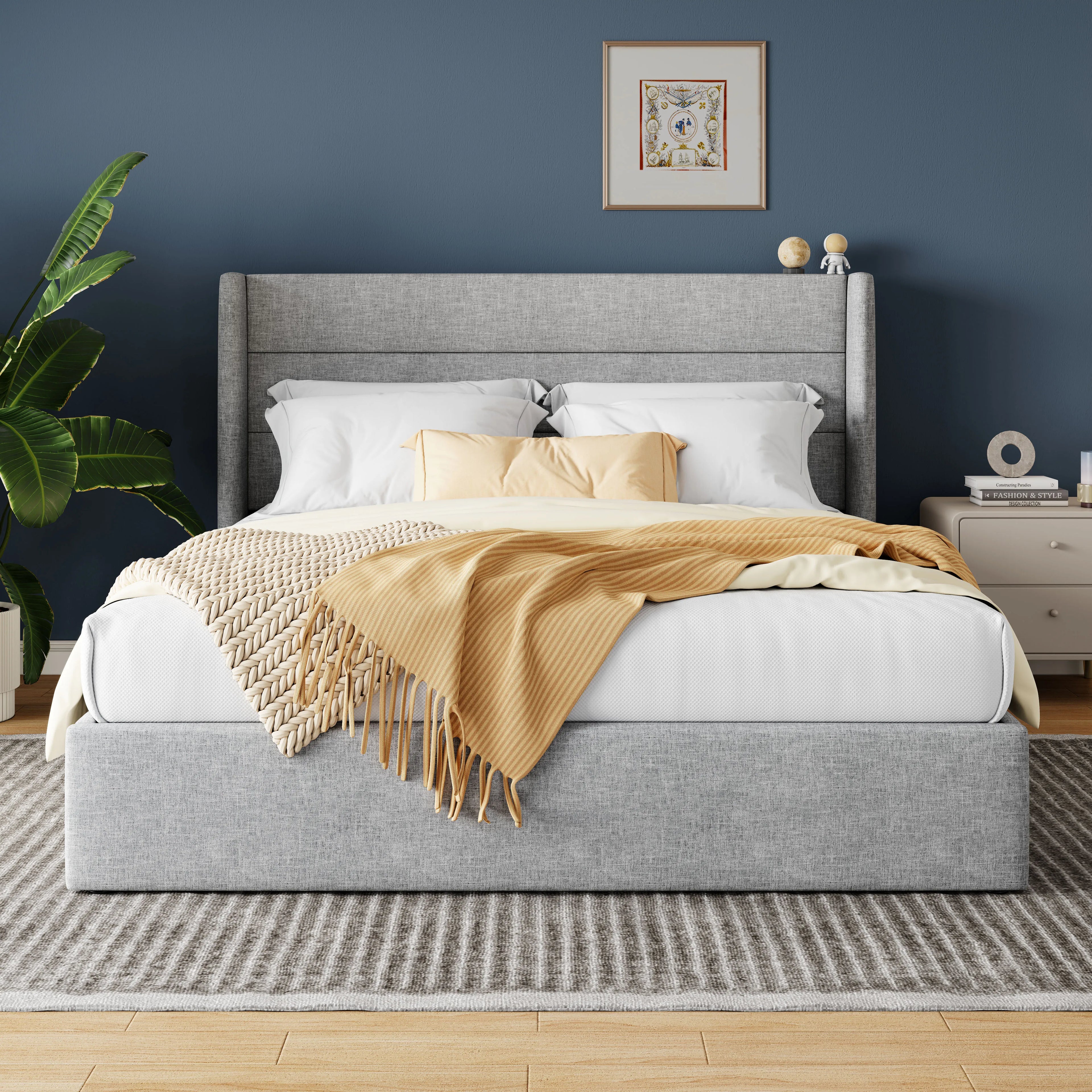 HOOMIC Lift Up Storage Bed With Wingback Headboard Hydraulic Lift