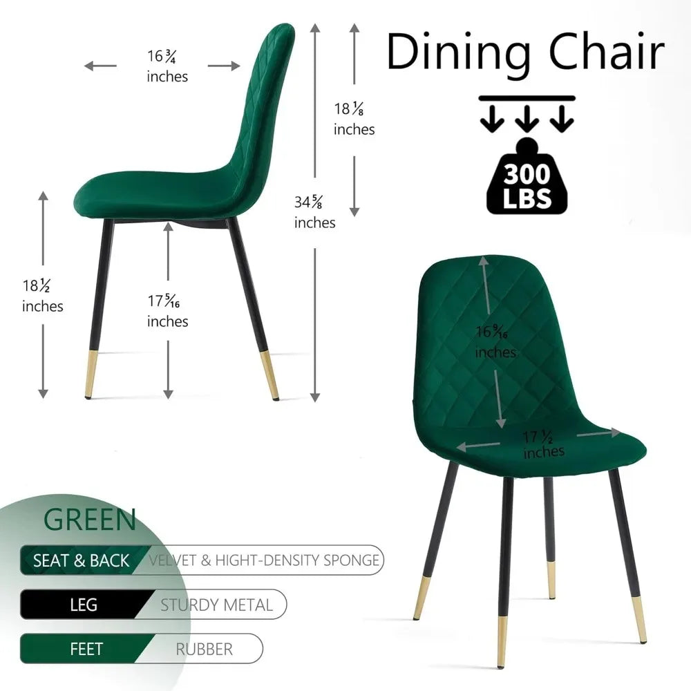 Velvet Dining Chairs Set of 4, Upholstered Side Stools with Backrest and Metal Legs, Kelly Green