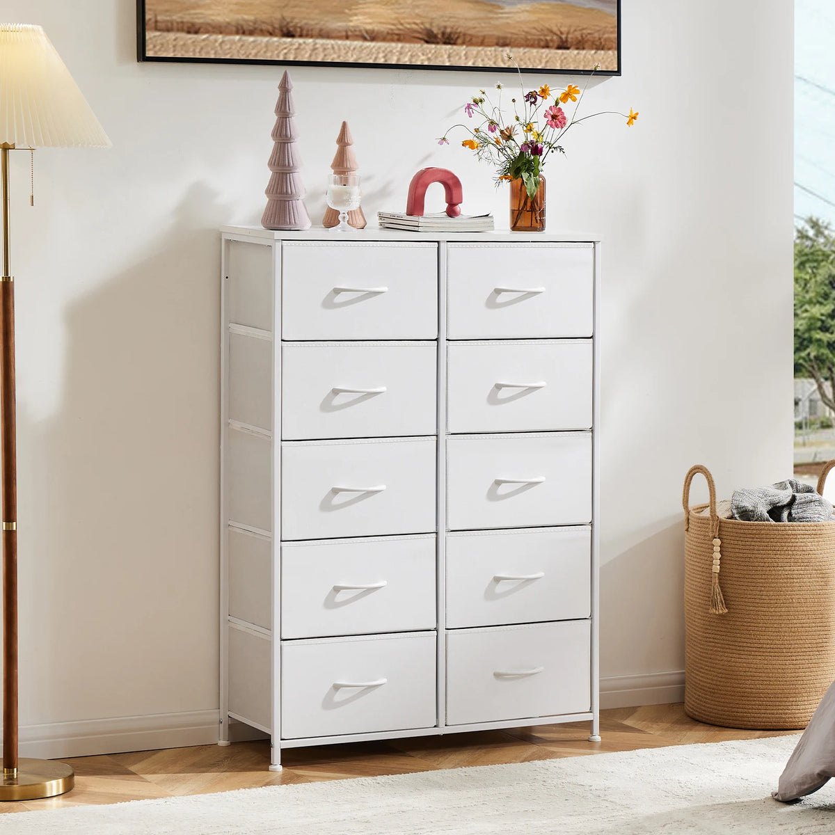 JHK 10 Drawer Fabric Nightstand Storage Cabinet With Steel Frame