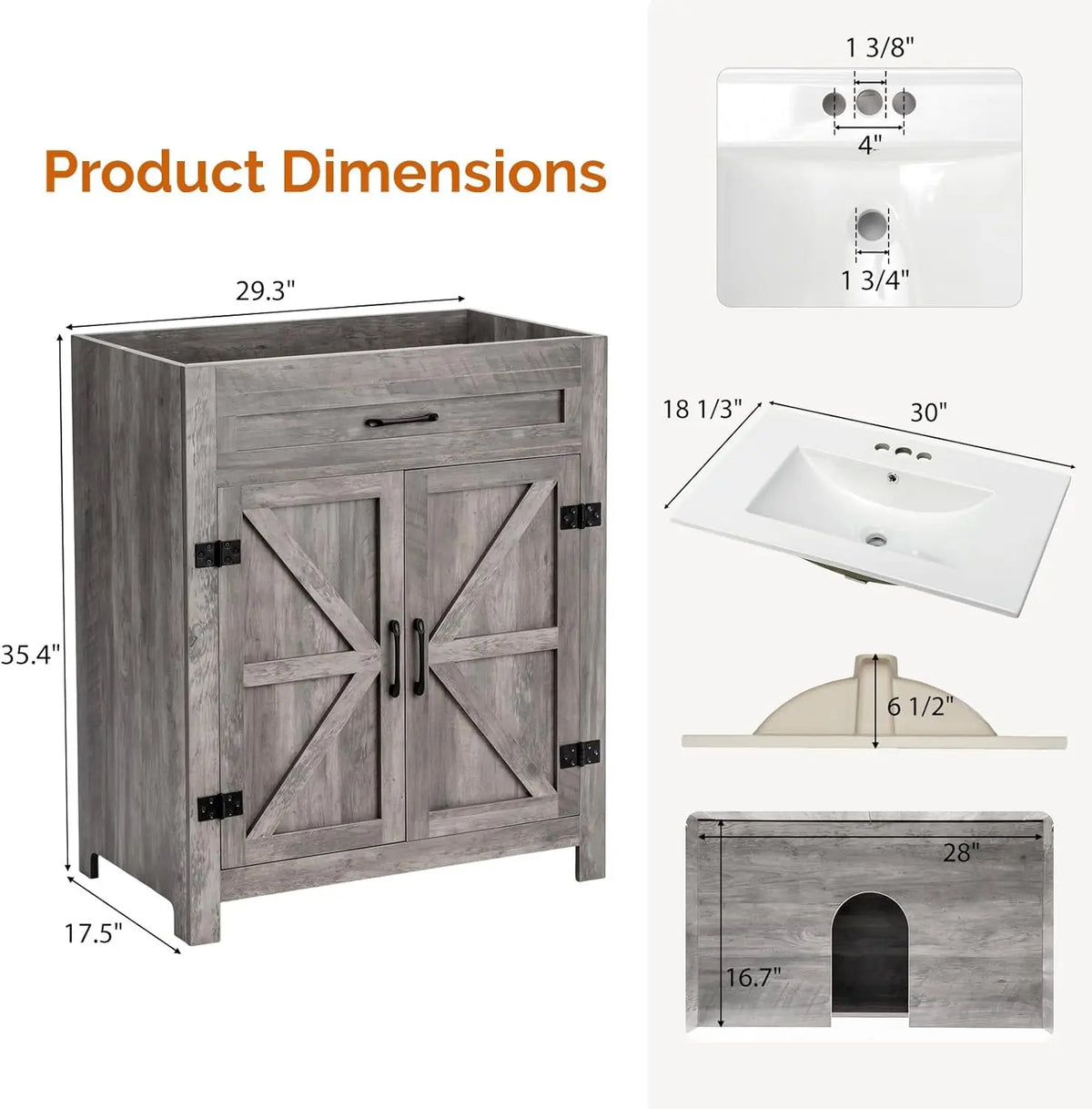 30" Farmhouse Bathroom Vanity with Sink, Free Standing Small Bathroom Storage Cabinet with 3 Holes Ceramic Basin Combo Set