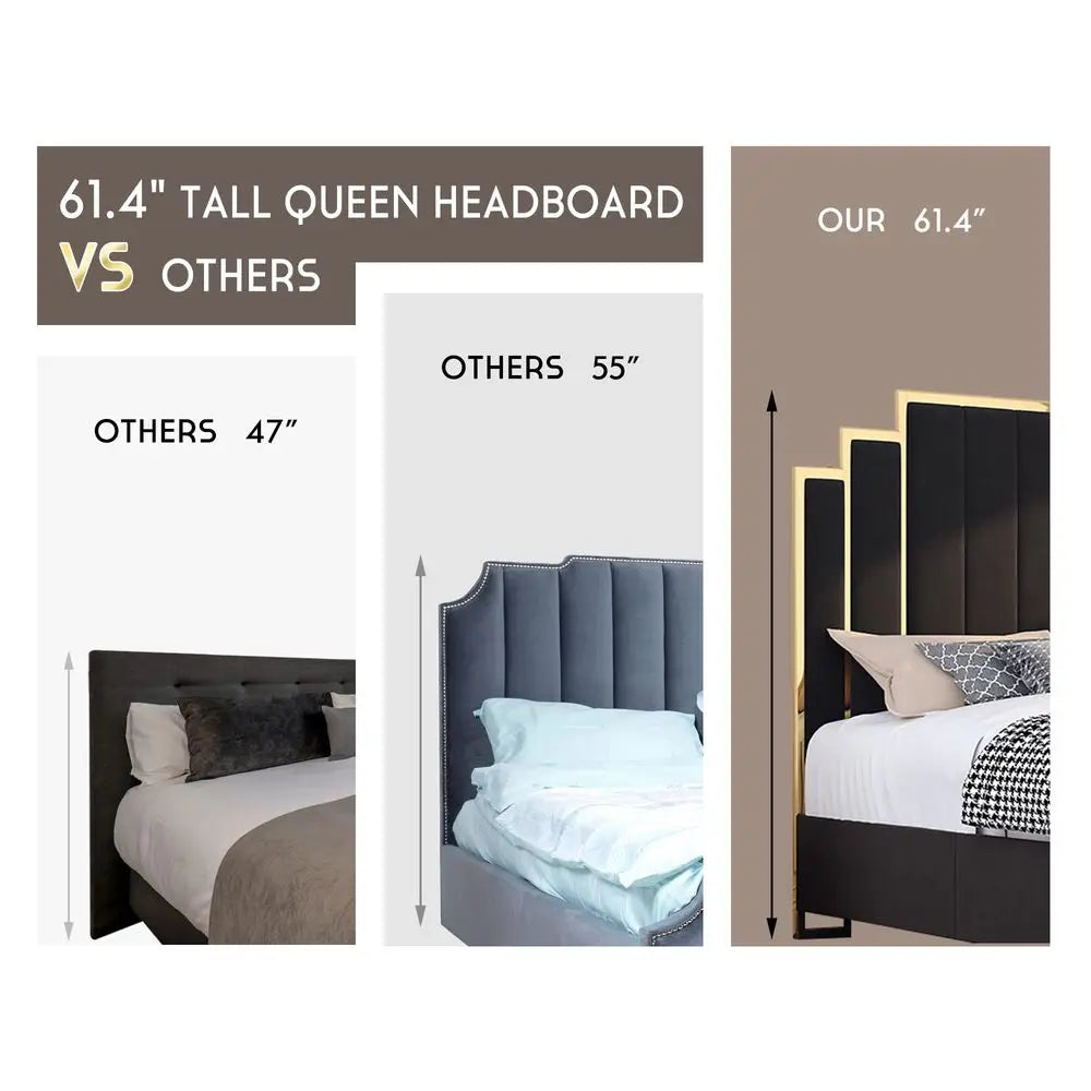 Queen Size Bed Frame and 61 Headboard, Upholstered Bed with Golden Plating Trim, Modern Platform Bed No Box Spring Needed, Blac