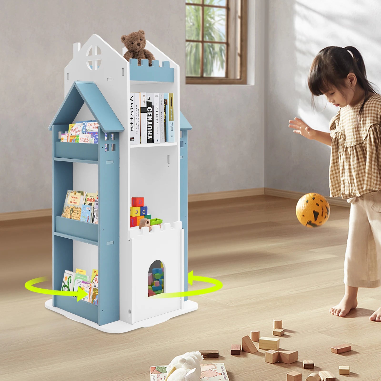 Rotating Kids Bookshelf 7 Tier Castle Design Book Toy Storage Organizer Book Display Shelf for Home Bedroom,3 Colors