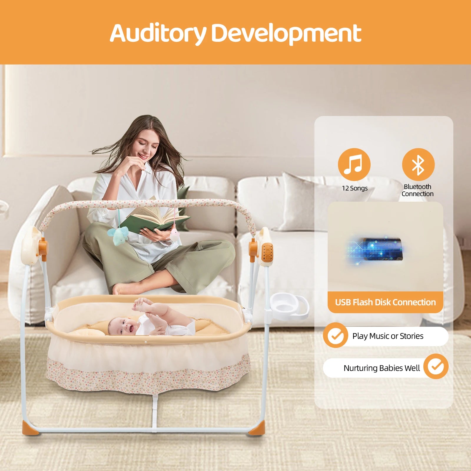 Foldable Electric Baby Cradle 0-18M 5 Speeds Swing Remote Control Bluetooth Music Mosquito Net 25KG Capacity for Sleep Play