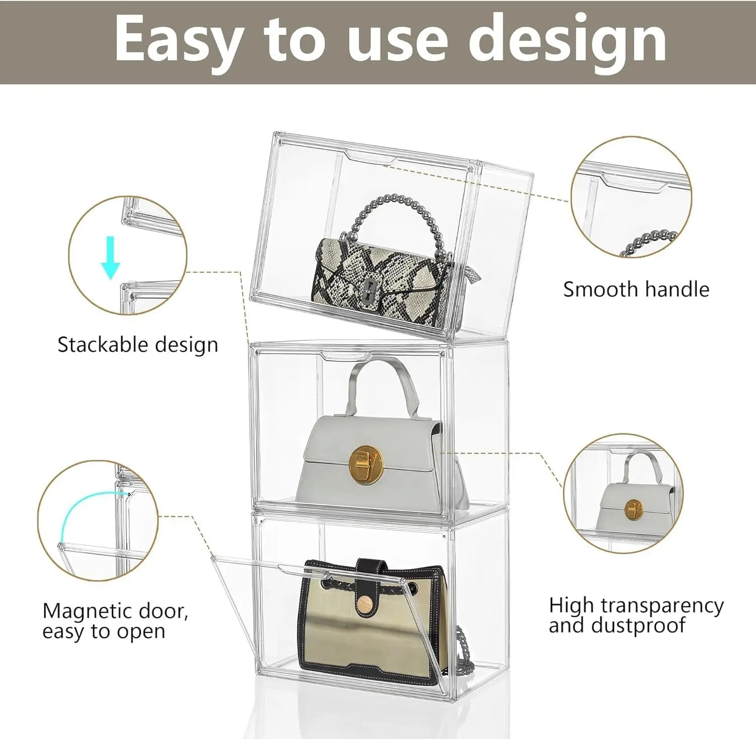 Clear Display Box Organizer Stackable with Magnetic Door Large Capacity Storage Box Purse Showcase For Makeup Book Collectibles