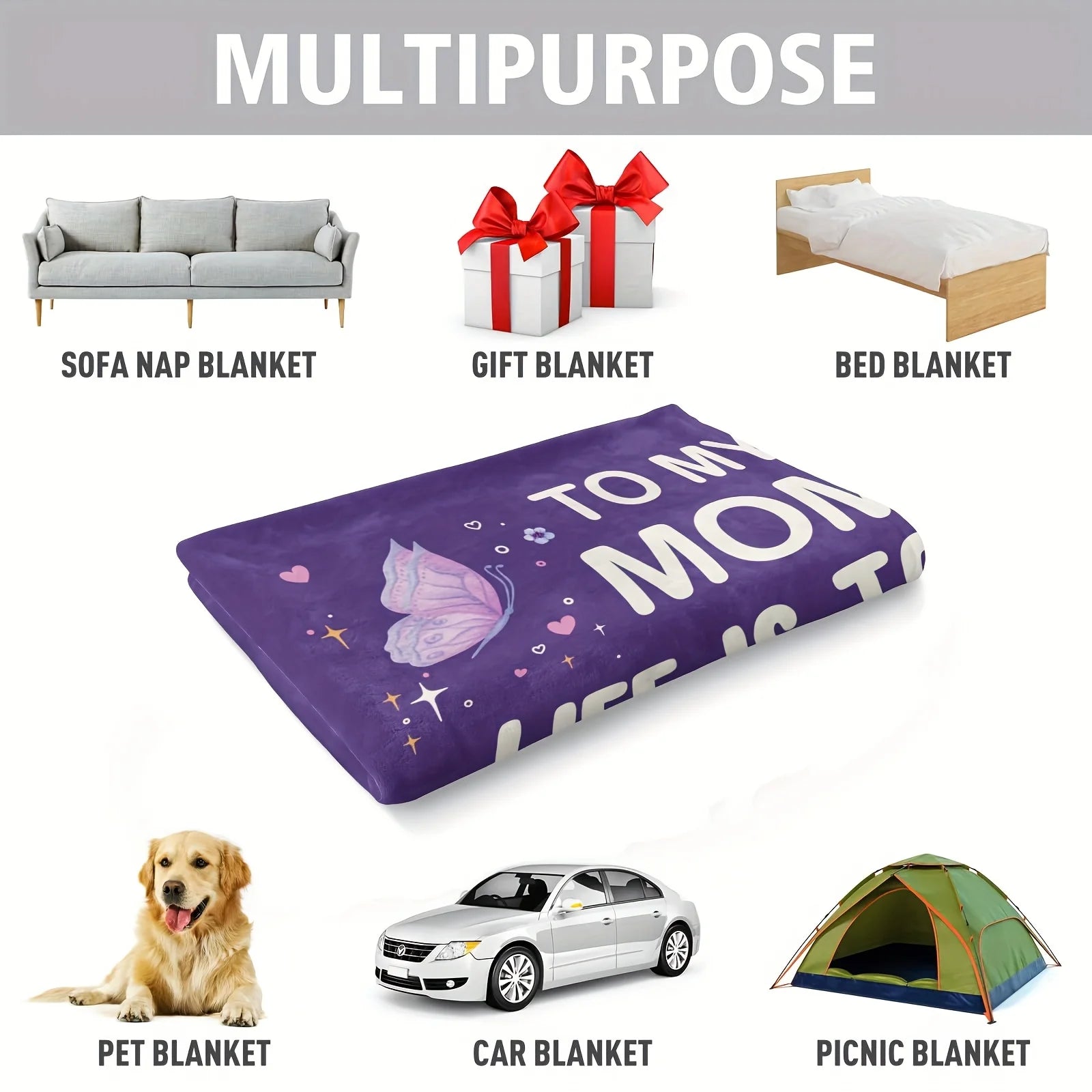 Soft Flannel Cherished Mom Gift Blanket - Versatile Purple Sofa Throw from Daughter or Son | Perfect for Mother&