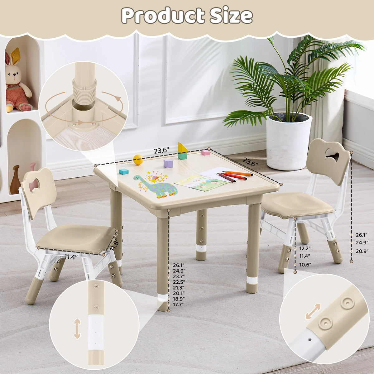 Adjustable Kids Table Set With Two Chairs For Montessori Art Learning