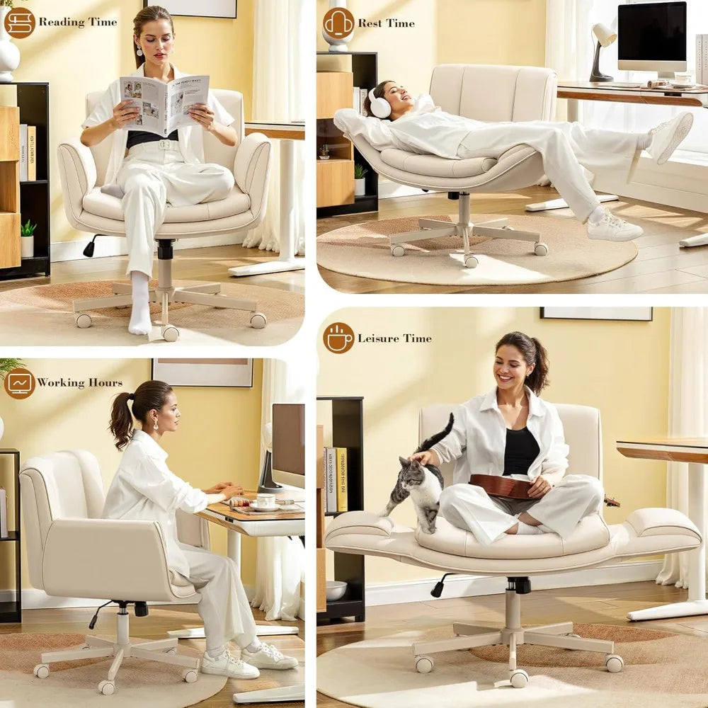 Criss Cross Chair with Wheels & Armrests,Comfy Wide Vanity Chair,Scratch-Resistant Pu Leather Cross Legged Desk, Customized