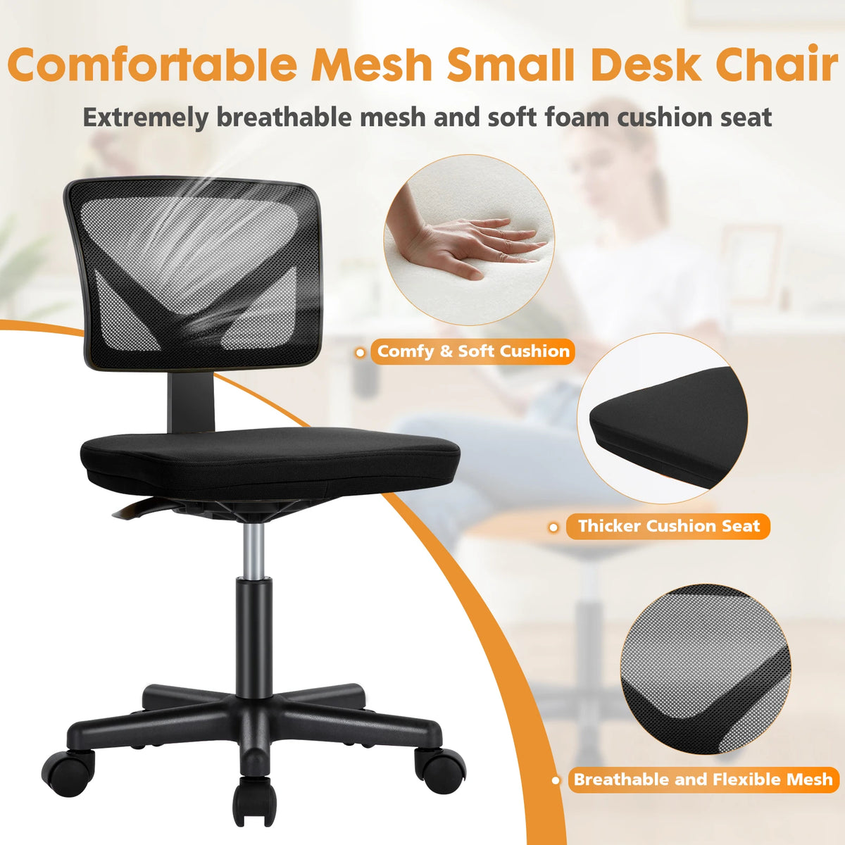 JHK Mesh Armless Office Chair With Lumbar Support And Wheels